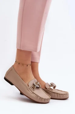 Loafersy Damskie|Mokasyny Płaskie>Laura Messi Skórzane Mokasyny Damskie Z Ozdobą 2761 Beżowe Beżowy