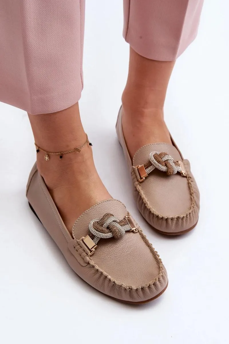 Loafersy Damskie|Mokasyny Płaskie>Laura Messi Skórzane Mokasyny Damskie Z Ozdobą 2761 Beżowe Beżowy