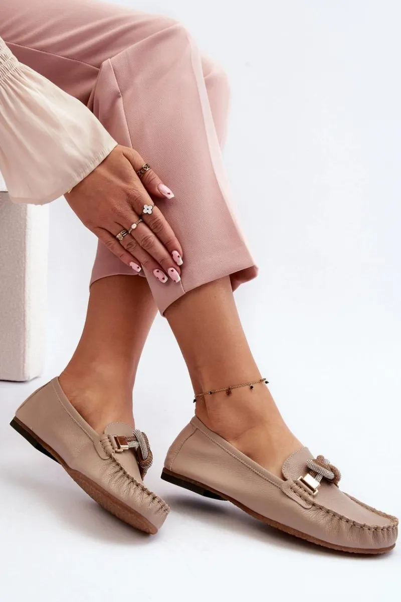 Loafersy Damskie|Mokasyny Płaskie>Laura Messi Skórzane Mokasyny Damskie Z Ozdobą 2761 Beżowe Beżowy