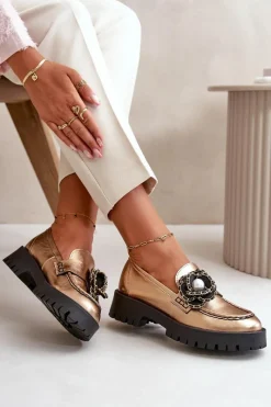 Best CheBello Skórzane Mokasyny Damskie Ozdobione Kwiatkiem Złote 4520