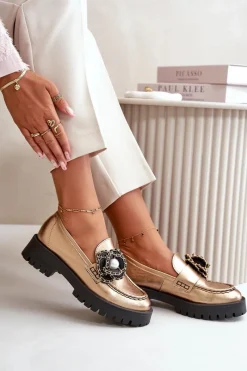 Best CheBello Skórzane Mokasyny Damskie Ozdobione Kwiatkiem Złote 4520