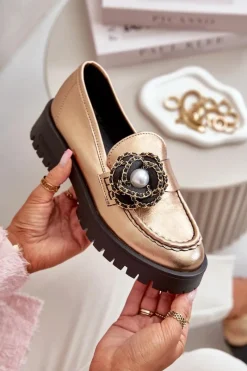 Best CheBello Skórzane Mokasyny Damskie Ozdobione Kwiatkiem Złote 4520