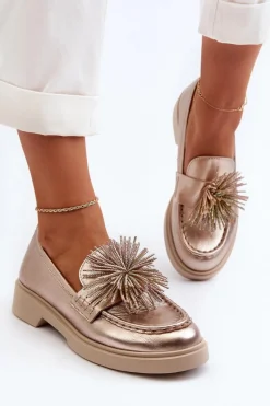 Sale Skórzane Mokasyny Damskie 4383 Złote Damskie Mokasyny Damskie Skórzane