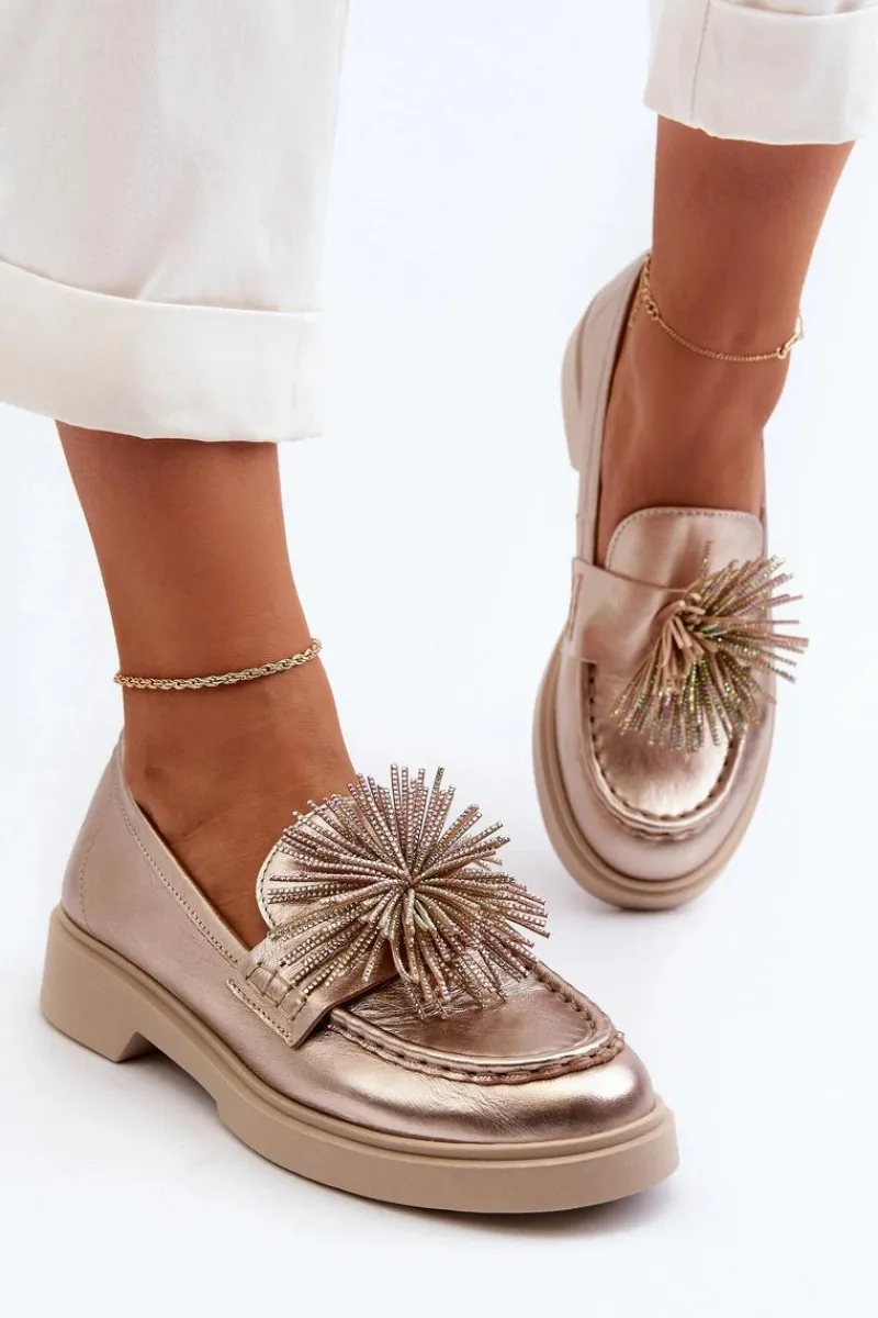 Sale Skórzane Mokasyny Damskie 4383 Złote Damskie Mokasyny Damskie Skórzane