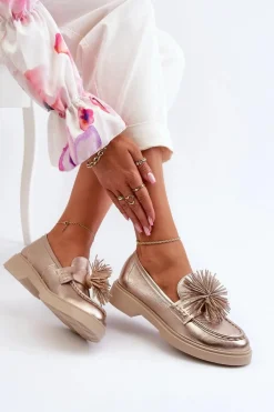 Sale Skórzane Mokasyny Damskie 4383 Złote Damskie Mokasyny Damskie Skórzane