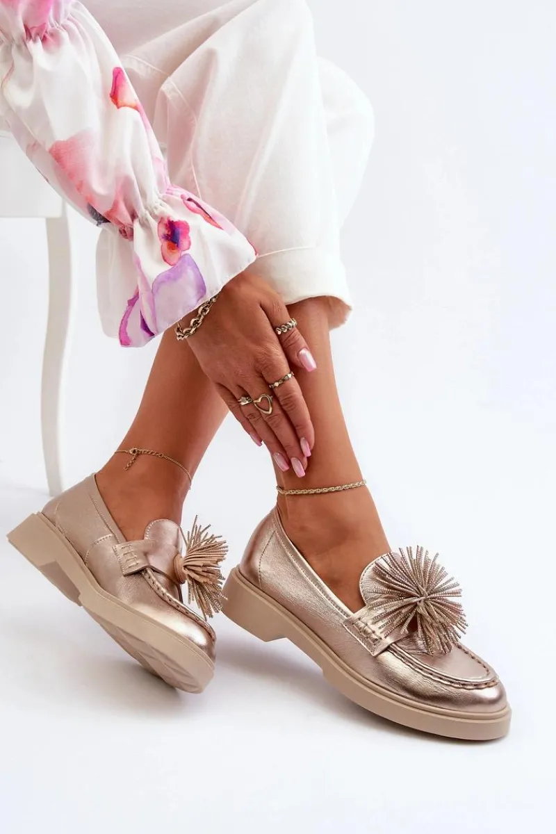 Sale Skórzane Mokasyny Damskie 4383 Złote Damskie Mokasyny Damskie Skórzane