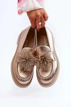 Sale Skórzane Mokasyny Damskie 4383 Złote Damskie Mokasyny Damskie Skórzane