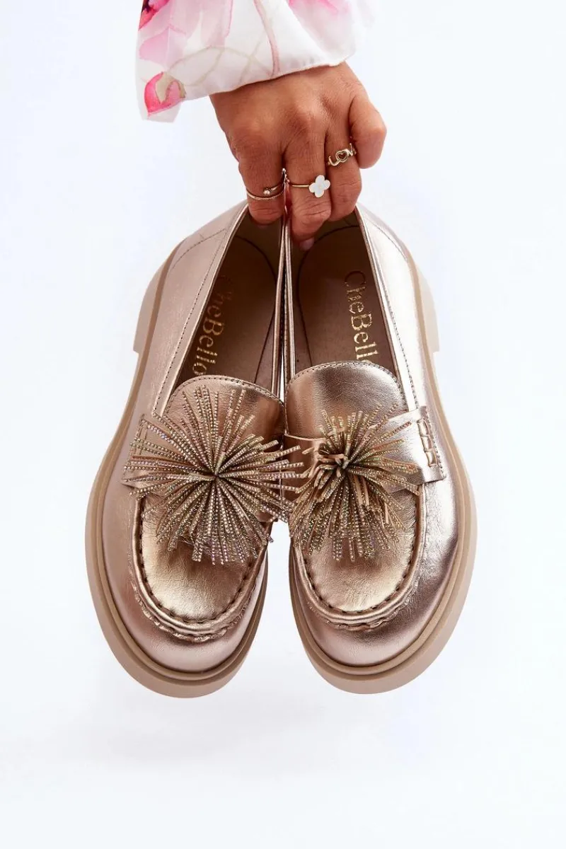 Sale Skórzane Mokasyny Damskie 4383 Złote Damskie Mokasyny Damskie Skórzane