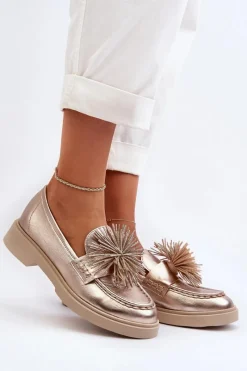 Sale Skórzane Mokasyny Damskie 4383 Złote Damskie Mokasyny Damskie Skórzane