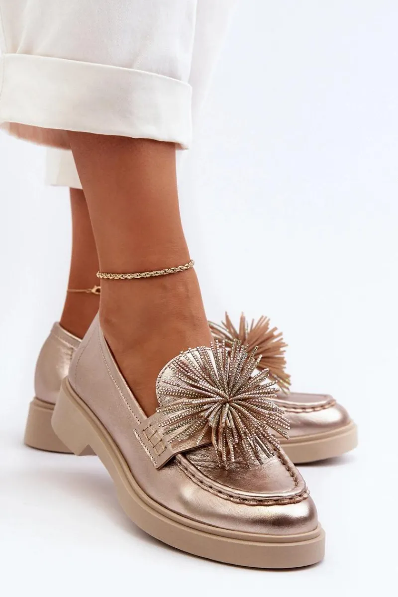 Sale Skórzane Mokasyny Damskie 4383 Złote Damskie Mokasyny Damskie Skórzane