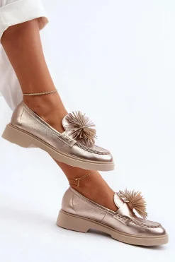 Sale Skórzane Mokasyny Damskie 4383 Złote Damskie Mokasyny Damskie Skórzane