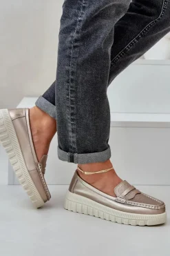 Loafersy Damskie|Mokasyny Damskie Skórzane>Evento Skórzane Mokasyny Damskie Na Platformie I Koturnie Różowe Złoto Elanindel