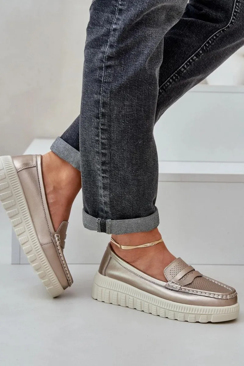 Loafersy Damskie|Mokasyny Damskie Skórzane>Evento Skórzane Mokasyny Damskie Na Platformie I Koturnie Różowe Złoto Elanindel