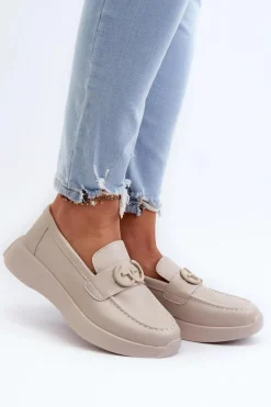 Loafersy Damskie|Mokasyny Damskie Skórzane>Damskie buty S.Barski Skórzane Mokasyny Damskie Na Platformie Beżowe S.Barski LR490