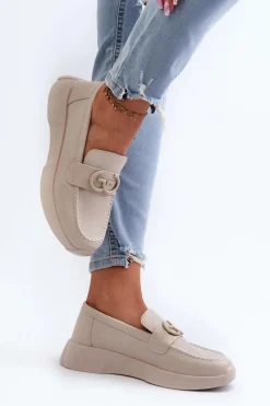 Loafersy Damskie|Mokasyny Damskie Skórzane></noscript>Damskie buty S.Barski Skórzane Mokasyny Damskie Na Platformie Beżowe S.Barski LR490