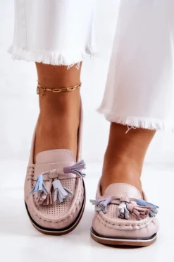 Loafersy Damskie|Mokasyny Płaskie></noscript>Evento Skórzane Mokasyny Damskie Z Frędzlami Różowe Laressa Różowy