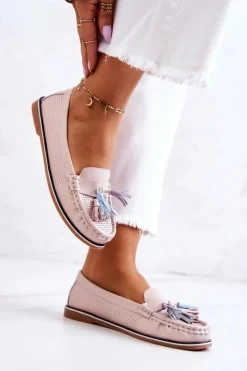 Loafersy Damskie|Mokasyny Płaskie></noscript>Evento Skórzane Mokasyny Damskie Z Frędzlami Różowe Laressa Różowy