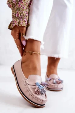 Loafersy Damskie|Mokasyny Płaskie></noscript>Evento Skórzane Mokasyny Damskie Z Frędzlami Różowe Laressa Różowy