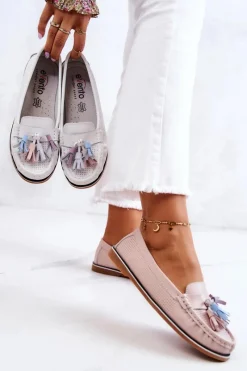 Loafersy Damskie|Mokasyny Płaskie></noscript>Evento Skórzane Mokasyny Damskie Z Frędzlami Różowe Laressa Różowy