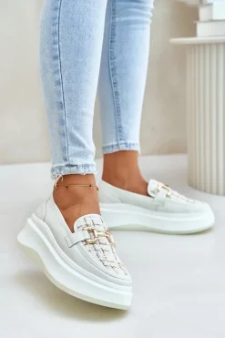 New Skórzane Mokasyny Damskie Na Platformie Ze Złotą Ozdobą Vinceza 89105 Jasnobeżowe Damskie Loafersy Damskie