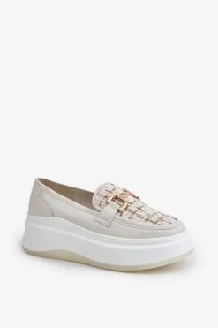 New Skórzane Mokasyny Damskie Na Platformie Ze Złotą Ozdobą Vinceza 89105 Jasnobeżowe Damskie Loafersy Damskie