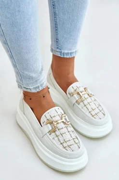 New Skórzane Mokasyny Damskie Na Platformie Ze Złotą Ozdobą Vinceza 89105 Jasnobeżowe Damskie Loafersy Damskie