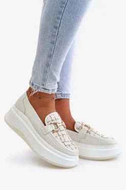 New Skórzane Mokasyny Damskie Na Platformie Ze Złotą Ozdobą Vinceza 89105 Jasnobeżowe Damskie Loafersy Damskie