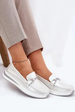 New Damskie buty S.Barski Skórzane Mokasyny Damskie S.Barski GR51-598 Perłowe Srebrny