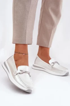 New Damskie buty S.Barski Skórzane Mokasyny Damskie S.Barski GR51-598 Perłowe Srebrny