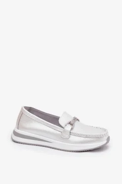 New Damskie buty S.Barski Skórzane Mokasyny Damskie S.Barski GR51-598 Perłowe Srebrny