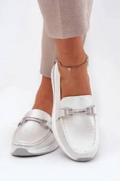 New Damskie buty S.Barski Skórzane Mokasyny Damskie S.Barski GR51-598 Perłowe Srebrny