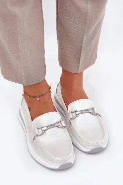 New Damskie buty S.Barski Skórzane Mokasyny Damskie S.Barski GR51-598 Perłowe Srebrny
