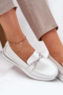 New Damskie buty S.Barski Skórzane Mokasyny Damskie S.Barski GR51-598 Perłowe Srebrny