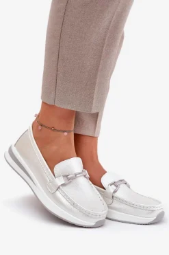 New Damskie buty S.Barski Skórzane Mokasyny Damskie S.Barski GR51-598 Perłowe Srebrny