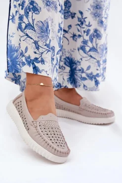 Loafersy Damskie|Mokasyny Damskie Skórzane>Buty damskie Vinceza Skórzane Mokasyny Damskie Z Ażurowym Wzorem Vinceza 88028 Beżowe Beżowy