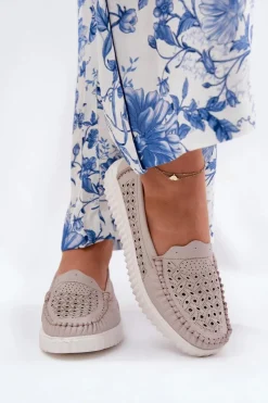 Loafersy Damskie|Mokasyny Damskie Skórzane>Buty damskie Vinceza Skórzane Mokasyny Damskie Z Ażurowym Wzorem Vinceza 88028 Beżowe Beżowy