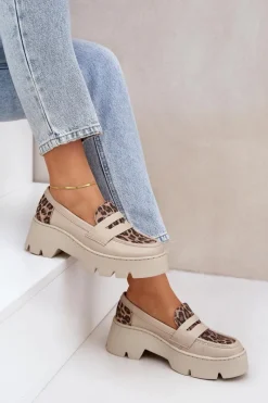 New Zazoo Skórzane Mokasyny Damskie Na Platformie I Płaskim Obcasie Panterka 20191 Jasnobeżowe Beżowy