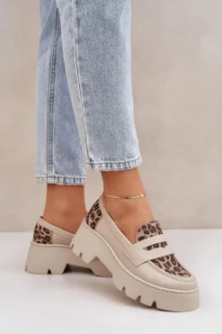 New Zazoo Skórzane Mokasyny Damskie Na Platformie I Płaskim Obcasie Panterka 20191 Jasnobeżowe Beżowy