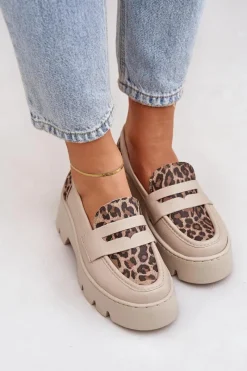 New Zazoo Skórzane Mokasyny Damskie Na Platformie I Płaskim Obcasie Panterka 20191 Jasnobeżowe Beżowy