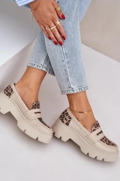 New Zazoo Skórzane Mokasyny Damskie Na Platformie I Płaskim Obcasie Panterka 20191 Jasnobeżowe Beżowy