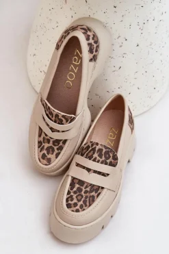 New Zazoo Skórzane Mokasyny Damskie Na Platformie I Płaskim Obcasie Panterka 20191 Jasnobeżowe Beżowy