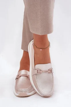 Online Skórzane Mokasyny Damskie S.Barski GR51-598 Perłowy Róż Damskie Mokasyny Damskie Skórzane|Mokasyny Na Platformie