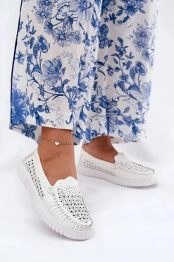 Outlet Buty damskie Vinceza Skórzane Mokasyny Damskie Z Ażurowym Wzorem Vinceza 88028 Białe Biały