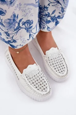 Outlet Buty damskie Vinceza Skórzane Mokasyny Damskie Z Ażurowym Wzorem Vinceza 88028 Białe Biały