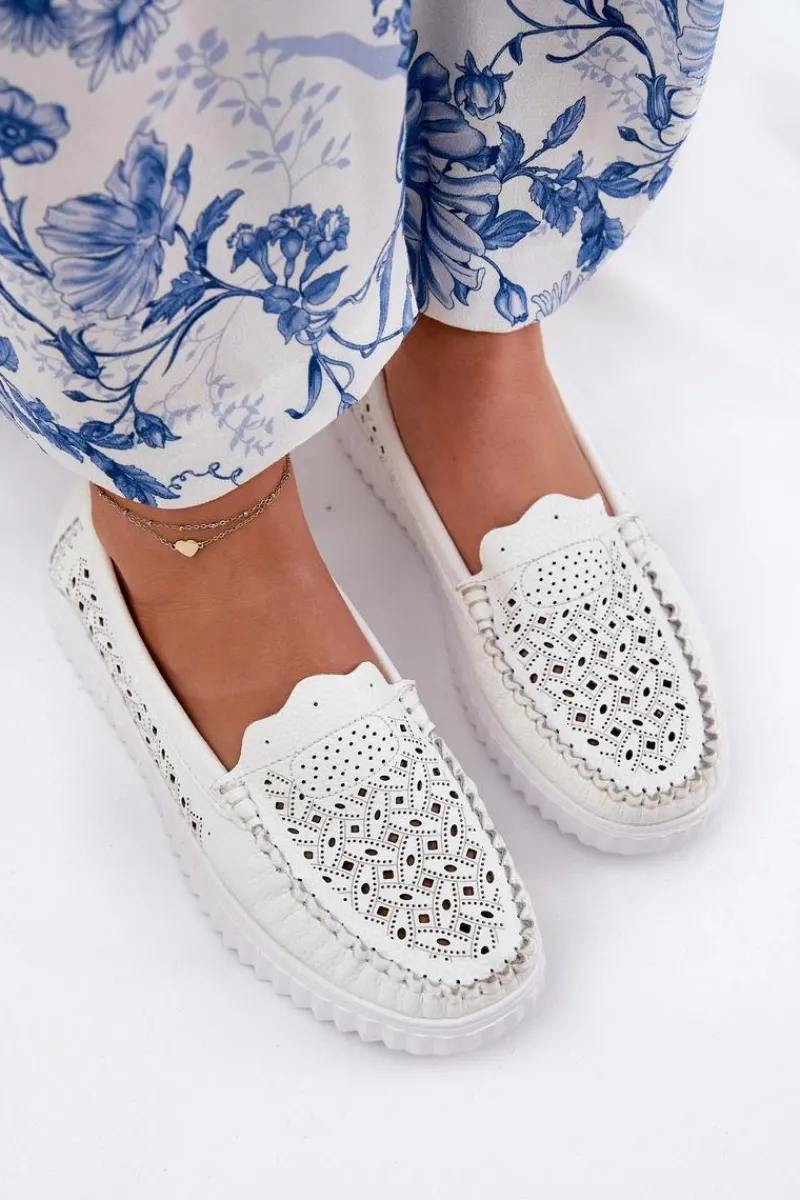 Outlet Buty damskie Vinceza Skórzane Mokasyny Damskie Z Ażurowym Wzorem Vinceza 88028 Białe Biały