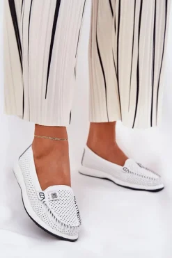Outlet Skórzane Mokasyny Damskie S.Barski LR51-673 Białe Damskie Loafersy Damskie|Mokasyny Damskie Skórzane