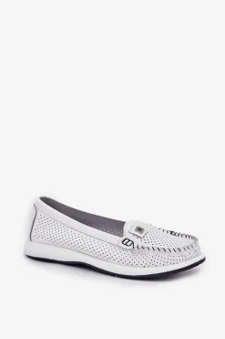 Outlet Skórzane Mokasyny Damskie S.Barski LR51-673 Białe Damskie Loafersy Damskie|Mokasyny Damskie Skórzane
