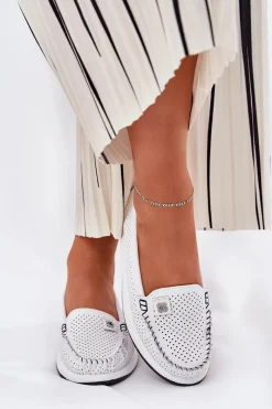 Outlet Skórzane Mokasyny Damskie S.Barski LR51-673 Białe Damskie Loafersy Damskie|Mokasyny Damskie Skórzane