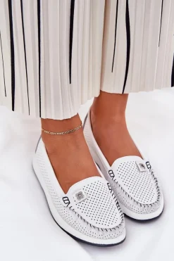 Outlet Skórzane Mokasyny Damskie S.Barski LR51-673 Białe Damskie Loafersy Damskie|Mokasyny Damskie Skórzane