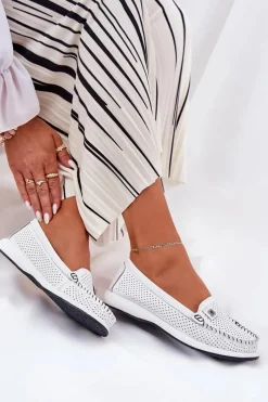 Outlet Skórzane Mokasyny Damskie S.Barski LR51-673 Białe Damskie Loafersy Damskie|Mokasyny Damskie Skórzane